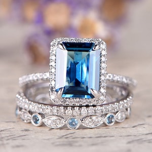 Emerald cut London Blue Topaz Engagement Ring Solid 14k White gold Halo diamond topaz bridal set art deco bridal wedding ring set for women