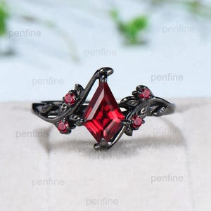 Elegant Black Gold Ruby Ring Vintage Lab Ruby Engagement Ring Leaf Cluster Ruby Wedding Women July birthstone Natural inspired  Branch Ring