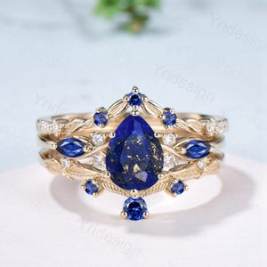 Vintage Lapis Lazuli engagement ring set blue gemstone engagement ring Unique sapphire bridal set leaf vine Curved Anniversary Promise gift