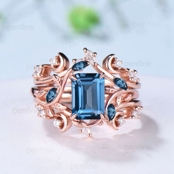 Art Deco emerald cut London blue topaz engagement ring set nature inspired deep blue wedding set double leaf vine moon topaz bridal ring set