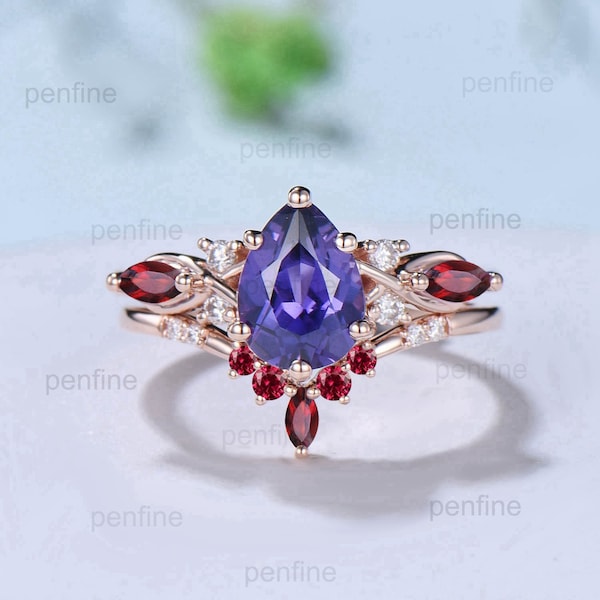 1.25CT Pear Shaped Purple Sapphire Wedding Ring Set Teardrop Sapphire Ruby Engagement Ring Set Unique Rose Gold Purple Crystal Bridal Set