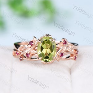 Vintage peridot and ruby wedding ring set Leaf twig engagement ring set Natural Inspired rose gold bridal set for women Branch promise ring