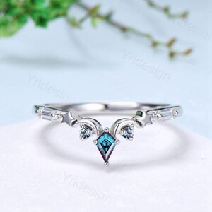 Unique Moon star alexandrite wedding band ring white gold elegant band for women art deco stacking ring baguette moissanite anniversary gift