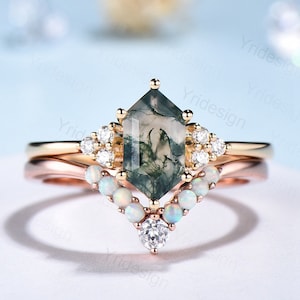 Einzigartiger Hexagon Moissachat Ring Frauen Vintage grüner Moosachat Verlobungsring Set Opal Moissanite Hochzeit Set Jubiläum Versprechen Ring