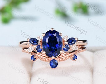 Oval Sapphire Wedding Ring Set Rose Gold Unique Sapphire Engagement Ring Set Vintage Stacking Ring  Natural Inspired Proposal Gift for Women