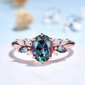 Vintage Alexandrite Engagement Ring Unique Rose Gold Cluster Alexandrite Opal Wedding Ring For Women Bridal Promise Ring Anniversary Gift