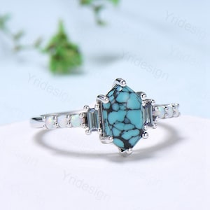 Unique turquoise engagement ring Long hexagon cut turquoise cluster baguette alexandrite opal wedding ring art deco proposal gifts for women