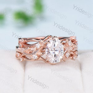 3pcs Nature Inspired Oval moissanite engagement ring set cluster branch leaf moissanite bridal set vintage unique wedding ring set for women