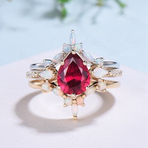 Vintage Pear Shaped Ruby Engagement Ring Set Three Stone Kite Ruby Opal Wedding ring Set Cute Opal Stacking Band Unique Bridal Set For Women