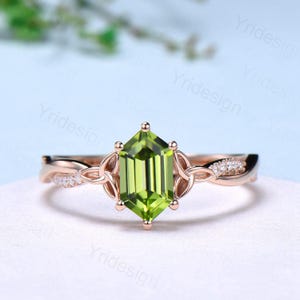 Hexagon Peridot Diamond Ring, Norse Viking Gold Engagement Ring