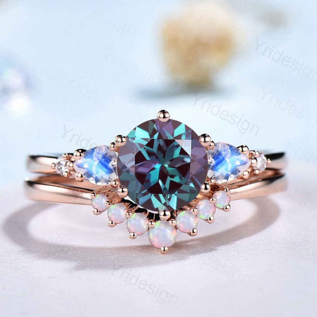 Buy Vintage Alexandrite Engagement Ring Set Rose Gold Five Stone
