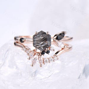Vintage Black Rutilated Quartz Wedding Ring Set Unique Engagement Ring Set Rose Gold Cluster Black Onyx Bridal Set Women Anniversary Gift