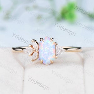 Unique File opal engagement ring long hexagon asymmetrical rose gold white opal wedding ring five moissanite handmade proposal gifts women