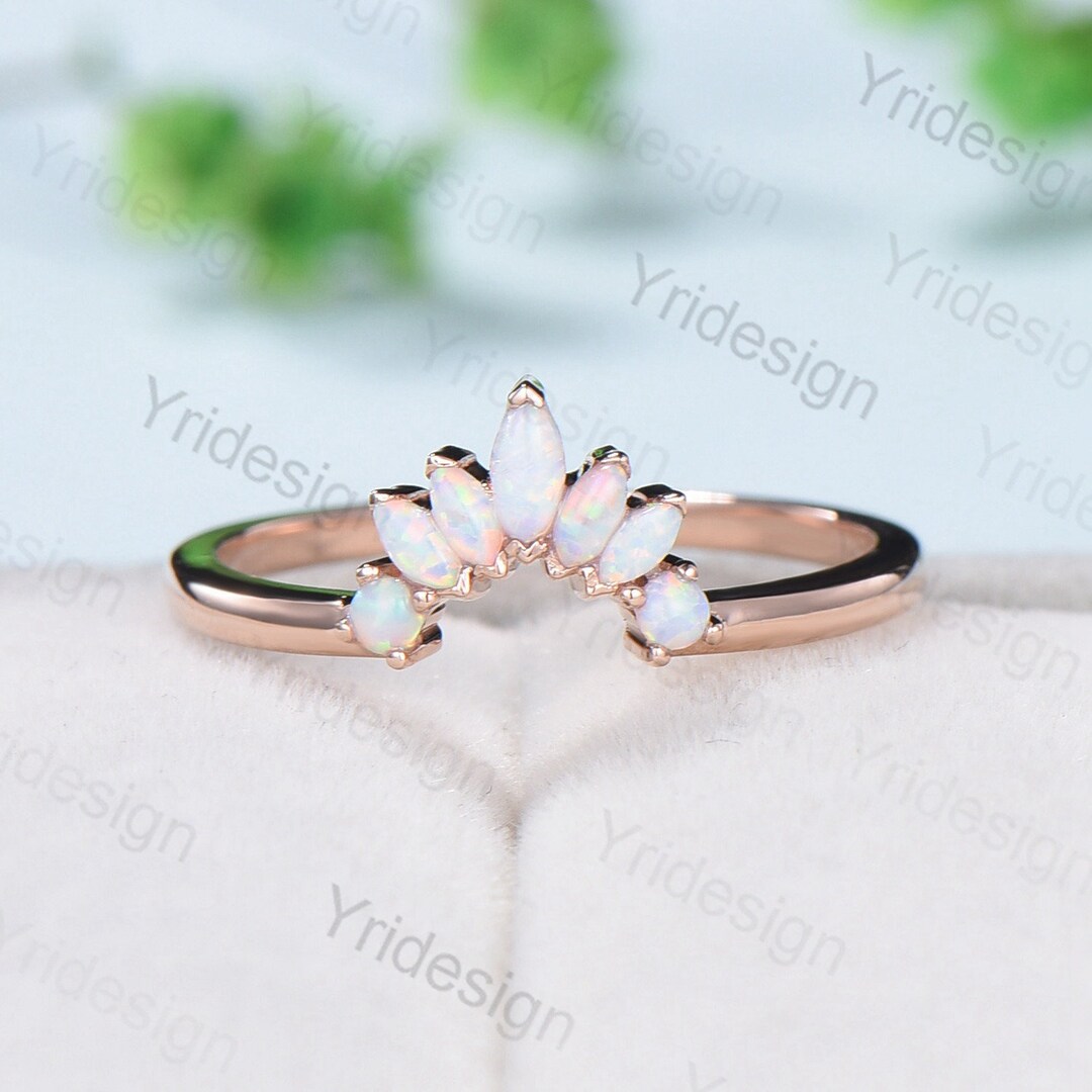 Vintage White Opal Wedding Ring Curved V Marquise Cut Fire Opal Wedding Band for Women Rose Gold