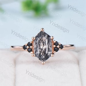 Natural Black Rutilated Quartz Ring Vintage Black Gemstone Ring Hexagon Black Rutile Quartz Engagement Ring Unique Women Wedding Bridal Ring