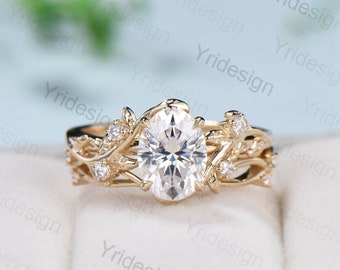 Nature Inspired Leaf oval moissanite wedding ring set cluster branch leaf engagement ring women vintage unique Christmas gift yellow gold