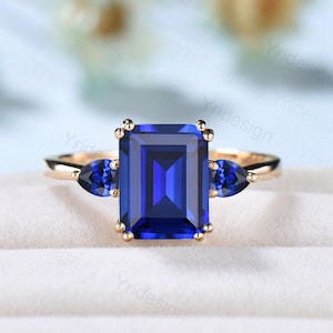 Dainty emerald cut sapphire engagement ring three stone 14k yellow gold minimalist wedding ring accent pear sapphire anniversary ring women