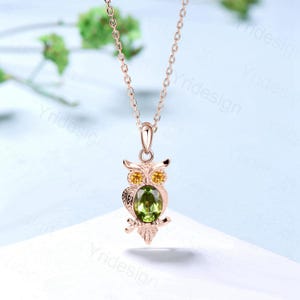 Unique Owl Peridot Necklace Personalized Citrine Pendant Necklace Silver 18k Rose Gold Pendant Dainty Night Owl Animal Inspired Promise Gift