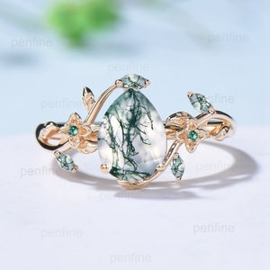 Elegant Pear Green Moss Agate Ring Nature Inspired Aquatic Agate Engagement Ring Flower Crystal Wedding Ring Emerald Branch Leaf Vine Ring