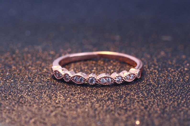 Half Eternity Wedding Band Anniversary Ring 925 Sterling Silver Stacking Ring Art Deco Matching Band Diamond Simulant WhiteRose Gold Ring