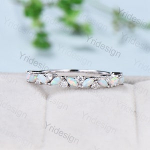 Solid 14k white gold Opal diamond wedding Band Marquise fire opal wedding ring Unique stacking marching band Art Deco Anniversary band gift