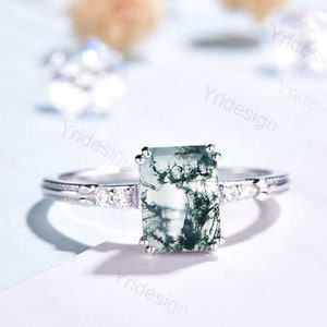 Emerald Cut Moss Agate Diamond Ring Rose Gold Minimalist Dainty Green Agate Engagement Ring  Five Stone Milgrain Women Anniversary Ring