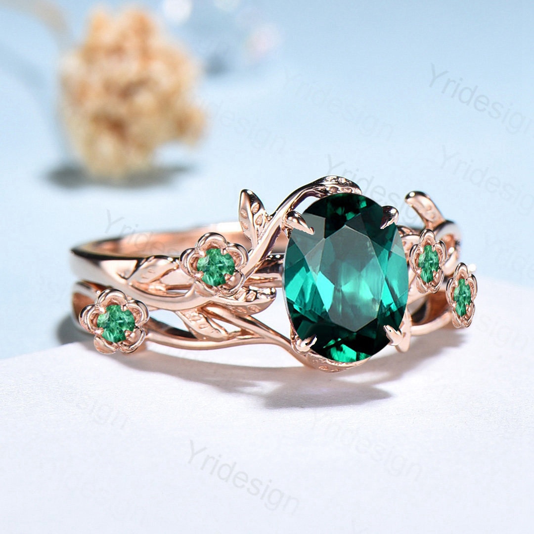 Floral Flower Emerald Ring Nature Inspired Emerald Wedding Ring Set ...