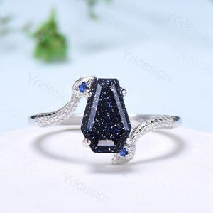 Unique Snake blue sandstone engagement ring cold-blooded coffin shaped galaxy star three stone wedding ring women anniversary promise gift