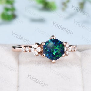Elegant Hexagon Black Opal Ring Silver Rose Gold Blue Opal Flower Moissanite Diamond Wedding Ring Unique Handmade Proposal Gifts for Women