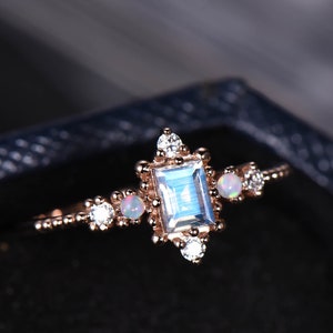 Vintage Emerald Cut Moonstone Engagement Ring Unique Antique Opal Moissanite Ring Gold Bridal Ring Wedding Ring For Women Anniversary Gift