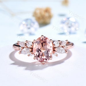 Oval morganite engagement ring | Vintage Rose gold wedding ring | Unique Delicate Moissanite/diamond Ring | Anniversary wedding ring