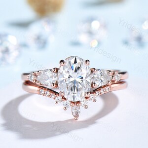 Oval Moissanite Engagement Ring Set Vintage Moissanite Ring Cluster Moissanite Bridal Set Art Deco Unique Anniversary Handmade Jewelry