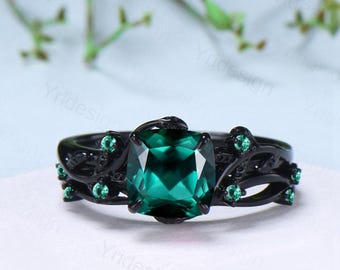Gemstone Ring Dark Emerald Green Stone Unique Gothic Cushion Cut