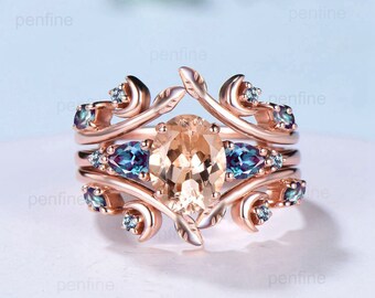 Nature Inspired oval morganite engagement ring set rose gold Leaf vine moon engagement ring women double vintage alexandrite matching band