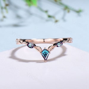 Curved V alexandrite wedding band rose gold twisted leaf matching band for women unique art deco stacking ring moissanite anniversary gift