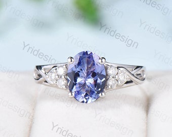 Celtic Love Natural Blue Tanzanite Engagement Ring Solid 14K/18K White Gold Vintage Cluster Diamond Wedding Ring Women Anniversary Gift