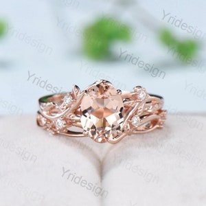 Nature Inspired Leaf oval morganite wedding ring set cluster branch leaf engagement ring women vintage unique pink gemstone crystal ring