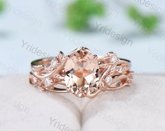 Nature Inspired Leaf oval morganite wedding ring set cluster branch leaf engagement ring women vintage unique pink gemstone crystal ring