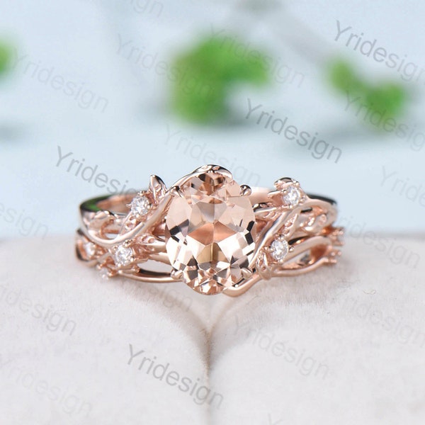 Nature Inspired Leaf oval morganite wedding ring set cluster branch leaf engagement ring women vintage unique pink gemstone crystal ring