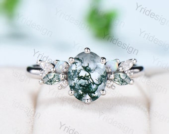 Unique 1.5CT Oval Moss Agate Engagement Ring Marquise Agate Opal Wedding Ring Women  Vintage Nature Inspired Cluster Moissanite Promise Ring