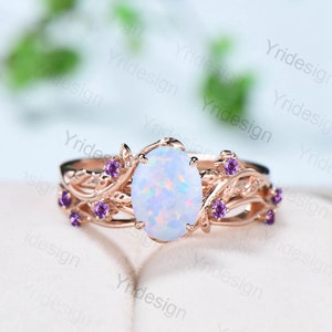 Nature Inspired opal engagement ring set Leaf white opal wedding ring set cluster amethyst branch stacking band unique bridal ring set gift