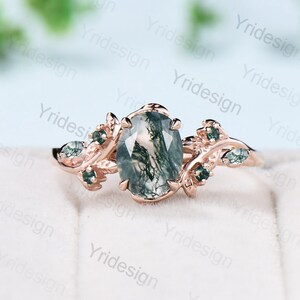 1.5Ct Oval Natural Moss Agate Engagement Ring Nature Inspired Green Agate Promise Ring Cluster Emerald Anniversary Ring Silver Rose Gold