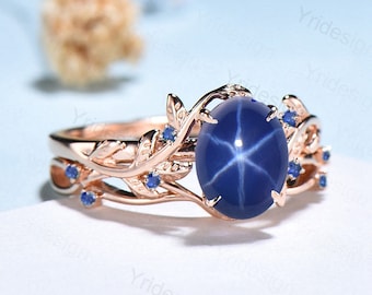 Natural Inspired Leaf star sapphire ring set cluster sapphire galaxy engagement ring women unique blue stone wedding ring set for her