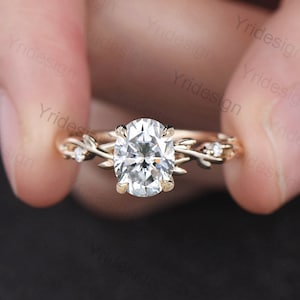 Oval Cut Moissanite ring Nature Inspired Moissanite Engagement Ring 14K Yellow Gold Branch Leaf Wedding Ring Unique Twig Promise Ring Women