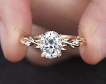 Oval Cut Moissanite ring Nature Inspired Moissanite Engagement Ring 14K Yellow Gold Branch Leaf Wedding Ring Unique Twig Promise Ring Women