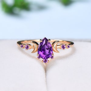 Vintage Pear Shaped Amethyst Engagement Ring Unique Crescent moon Purple amethyst gold wedding ring women celestial anniversary gift for her