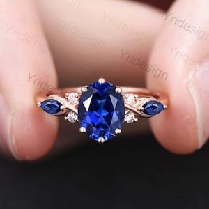 Vintage oval sapphire engagement ring rose gold twisted unique lab blue crystal wedding ring set art deco anniversary ring Christmas gift