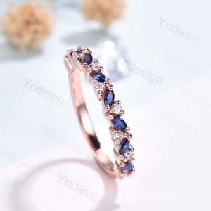 Vintage Sapphire Wedding band women rose gold marquise cut wedding band Matching Stacking half eternity Promise Simple Anniversary ring
