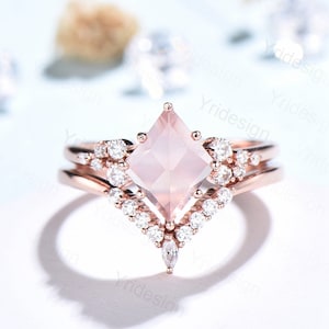 Rose Quartz Engagement Ring Set, Rhombus, Rose Gold, Art Deco Wedding Band