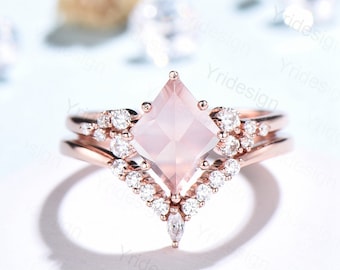 Unique Rose Quartz Engagement Ring Set Rhombus Shape Rose Gold Pink Quartz Wedding Ring Set, Nature Inspired Ring, Art Deco Wedding Band V